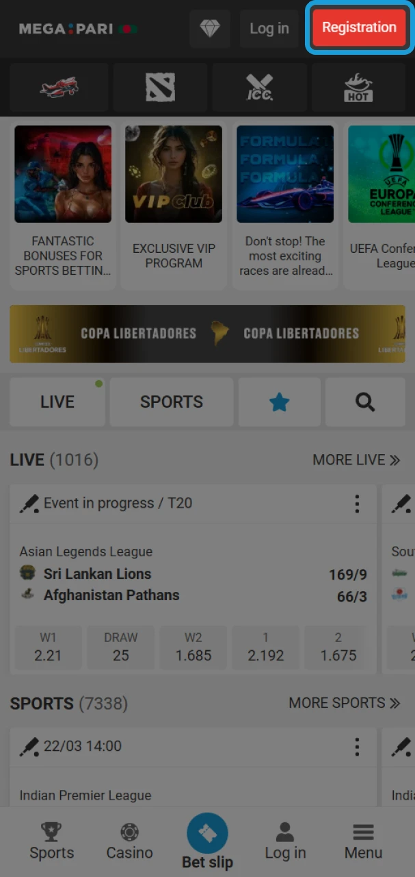 Open the Registration form to create a MegaPari account.