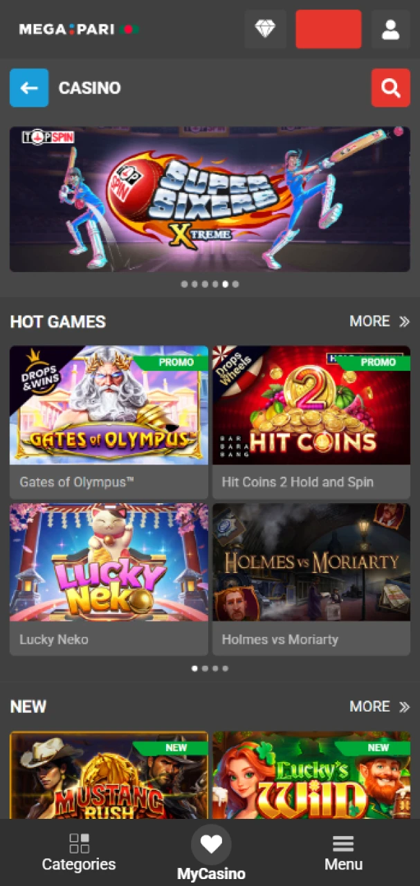 Open the casino section to start playing at MegaPari.