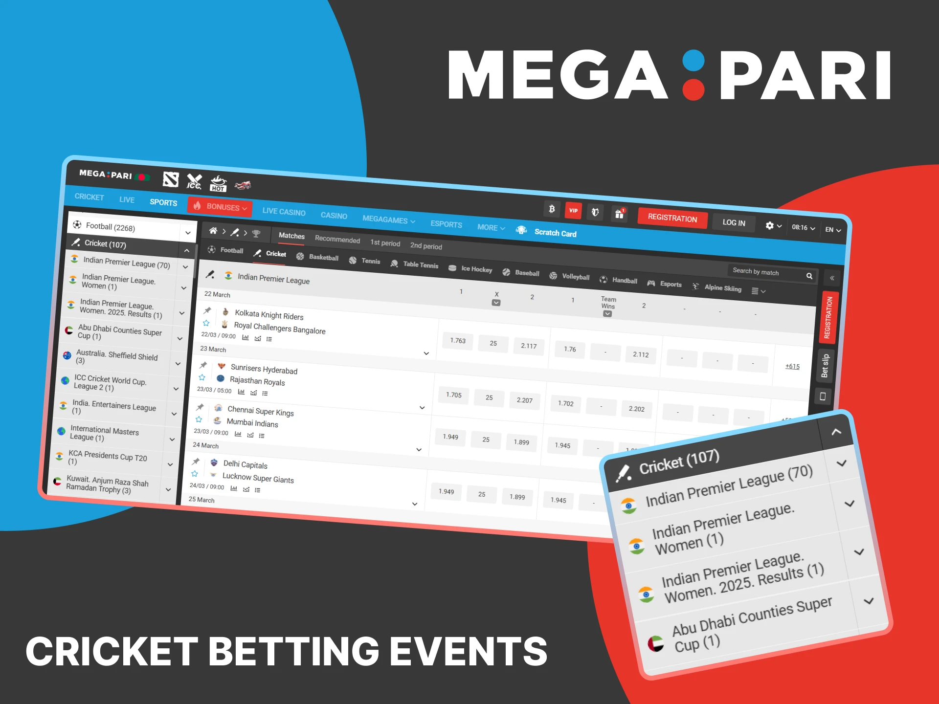 Check out the cricket betting events available at MegaPari.