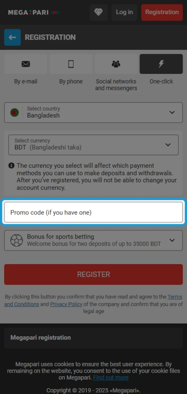 Enter the promo code and complete the registration at MegaPari.