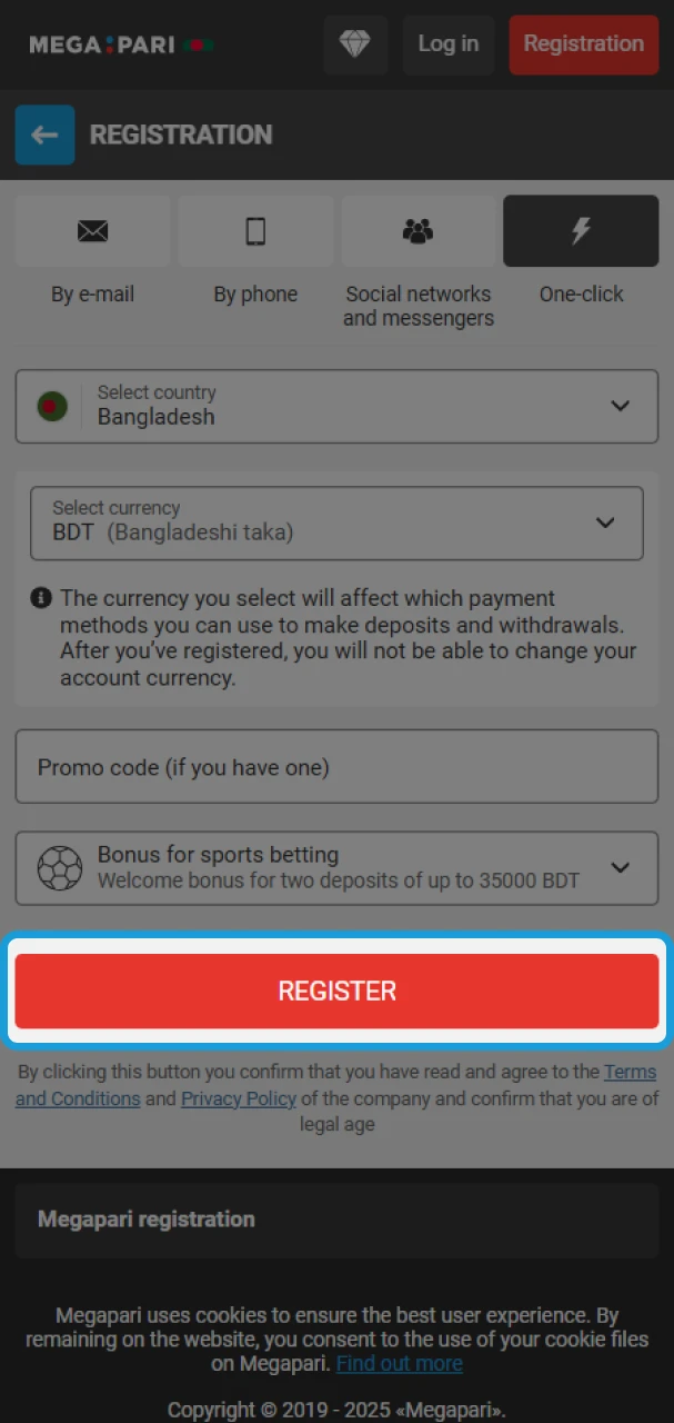 Complete the MegaPari registration by clicking the Register button.