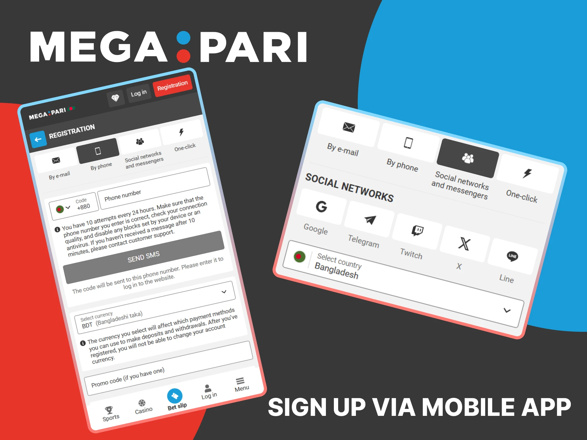 Sign up via the MegaPari mobile app to play and bet on sports.