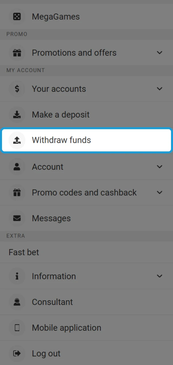 Open the cashier section to withdraw money from MegaPari.