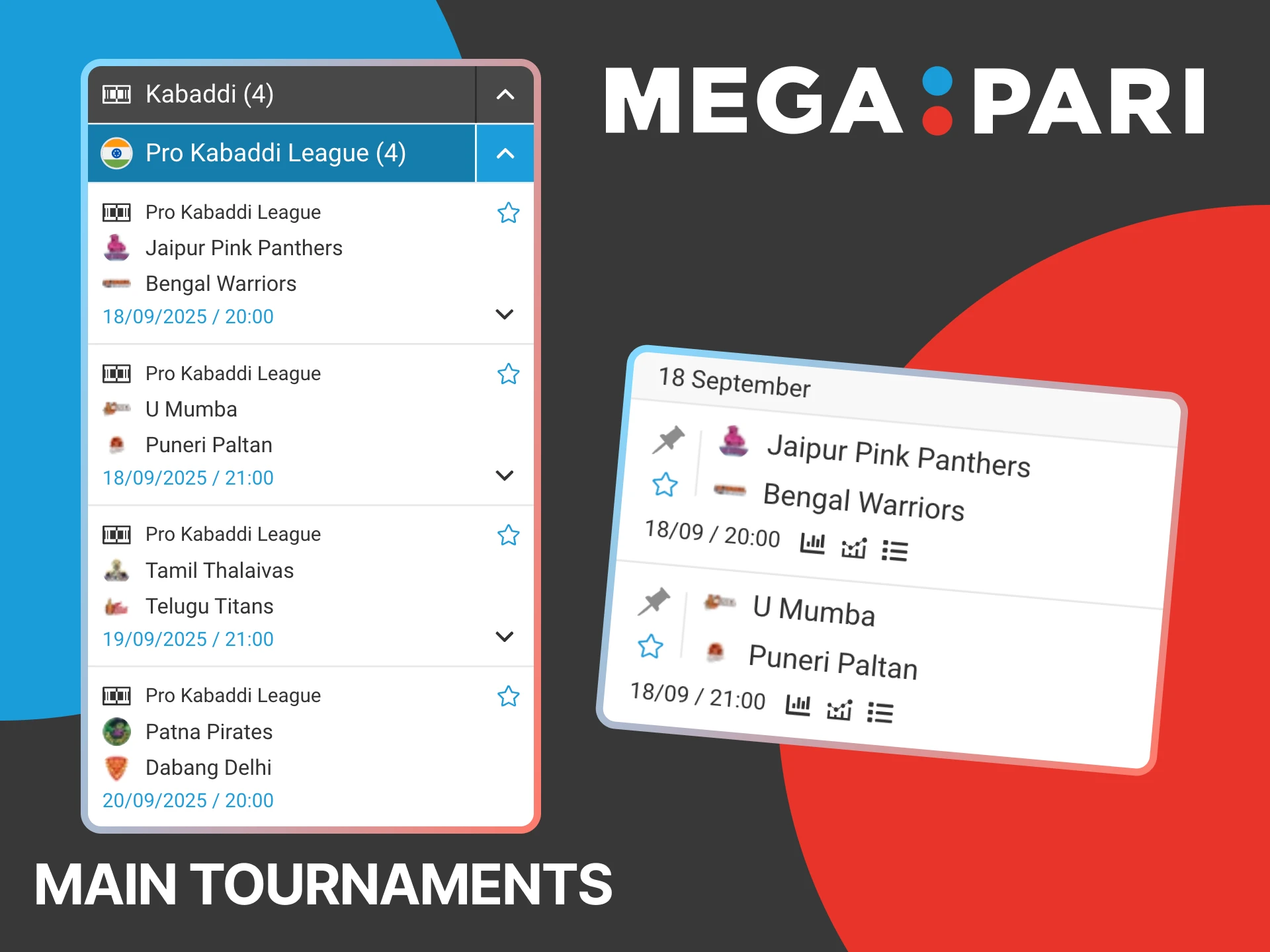 Megapari betting platform covers major kabaddi competitions.