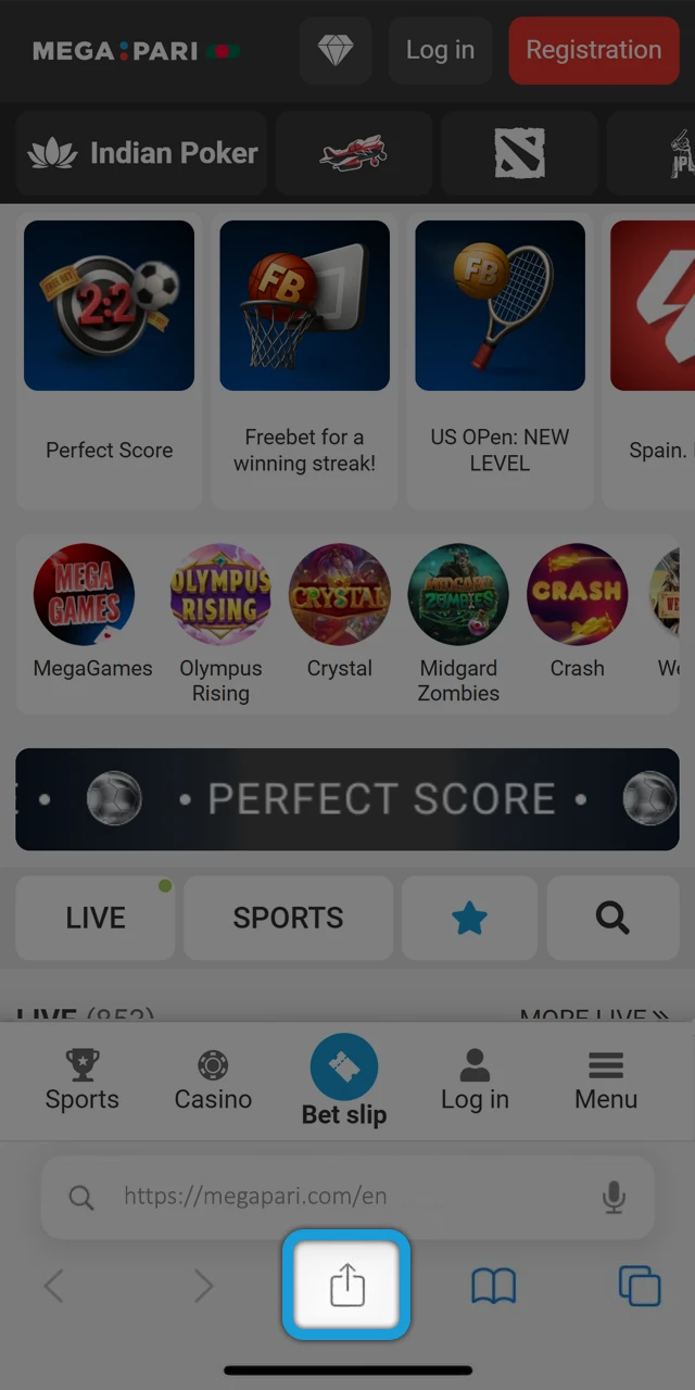 Tap the square button with an up arrow to add a Megapari shortcut.