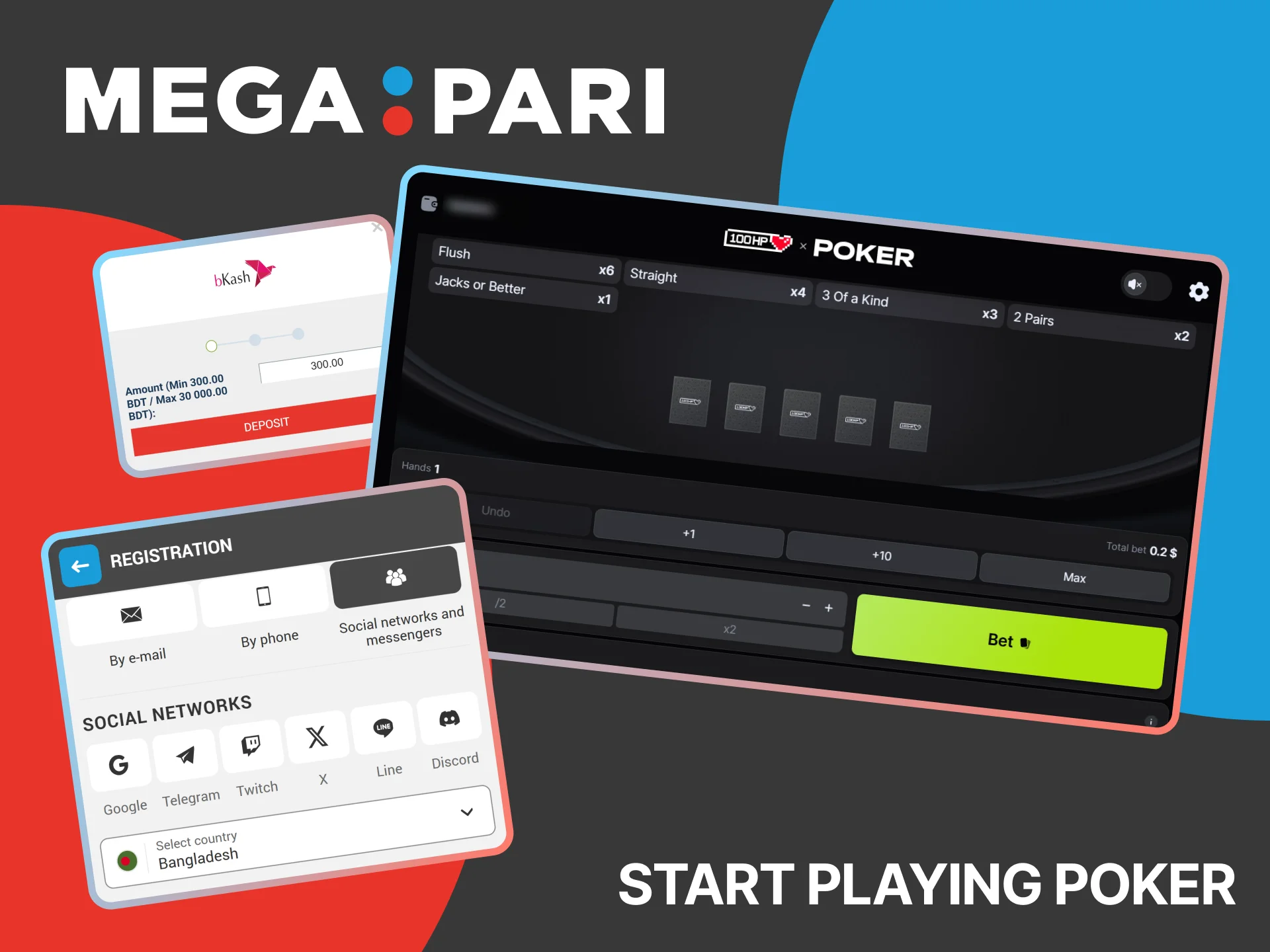 Play poker on MegaPari by signing up, making a deposit, choosing a game and enjoying real casino excitement.